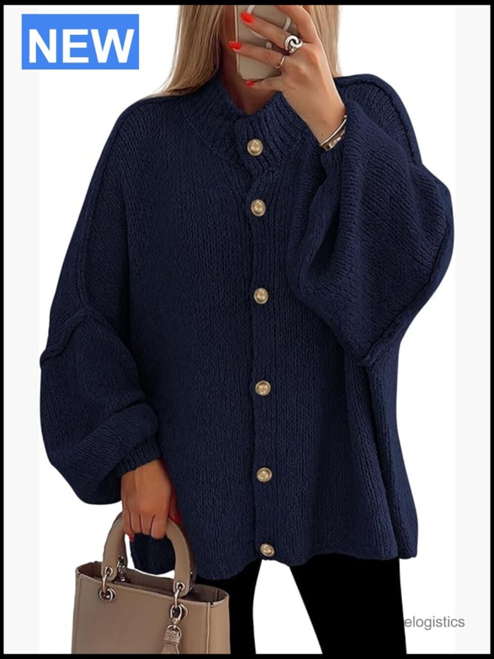 Mock Neck Lantern Sleeve Chunky Knit Cardigan